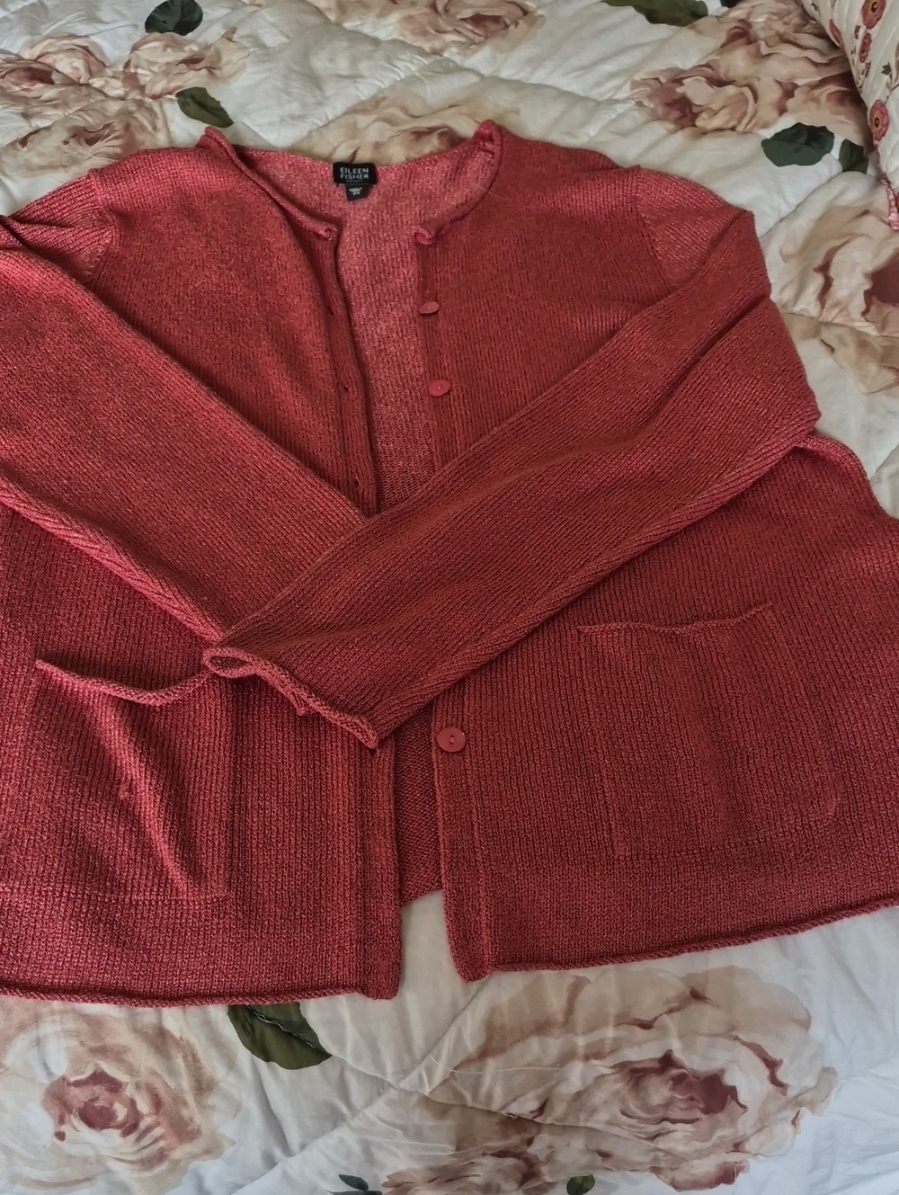 Eileen Fisher Coral-Red Button-Front Cardigan